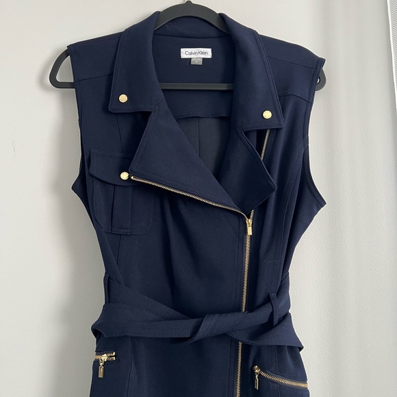 Calvin Klein Sheath Moto Dress Full Zip with Belt Dark Navy Sleveles - Picture 6 of 8
